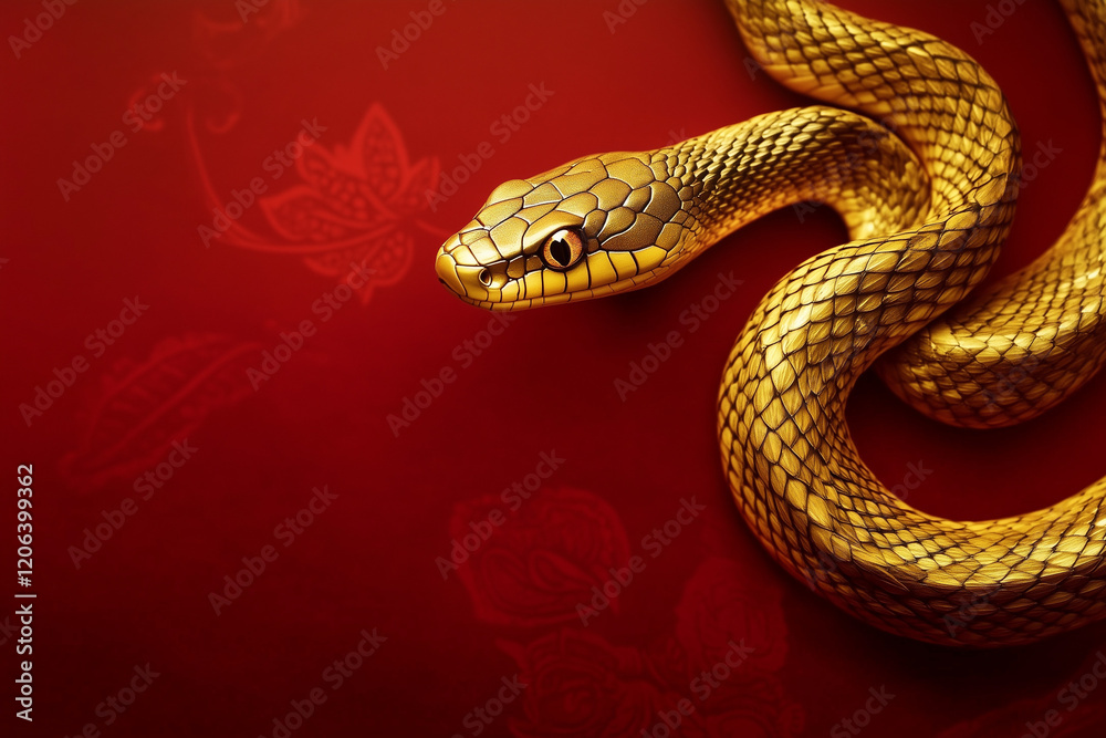 Fototapeta premium Gold snake on a red background for Chinese New Year concept
