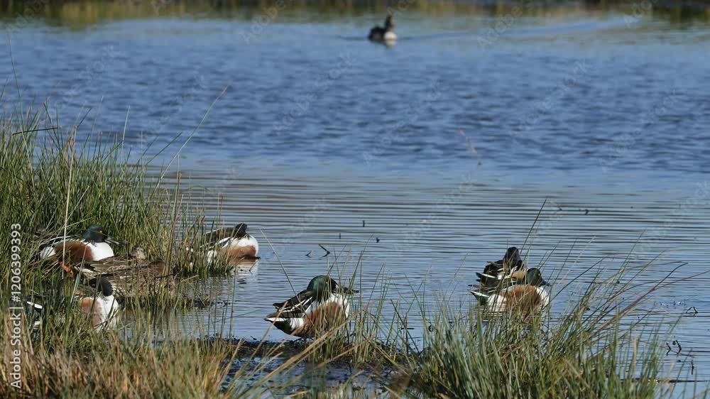 Northern Shoveler, Spatula clypeata, birds on winter marshes