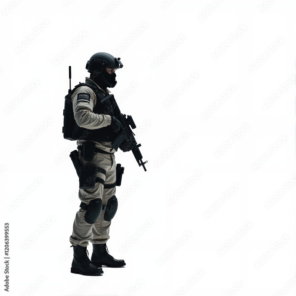 A male soldier in full tactical gear stands holding a rifle against a white background. A male soldier in full tactical gear stands holding a rifle against a white background.