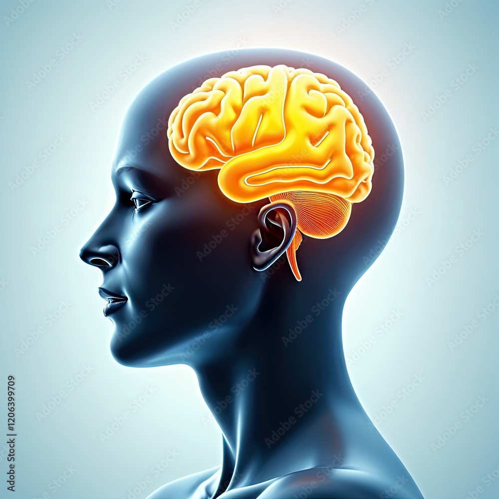 Obraz premium Human head profile with highlighted brain anatomy. Detailed 3D medical illustration of the brain's structure and location within the skull.