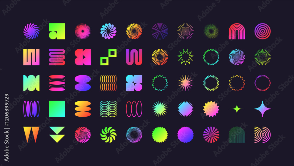 Brutalist geometric shapes, modern symbols. Colorful neon simple primitive elements and forms. Retro design, trendy contemporary minimalist style, y2k. Vector illustration