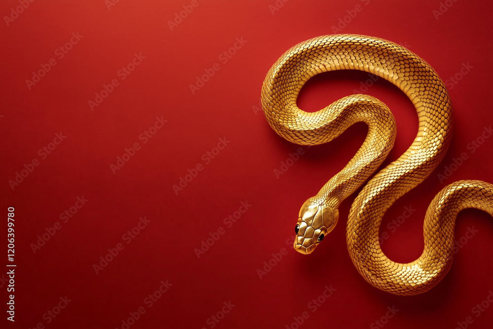 3D gold snake on red background