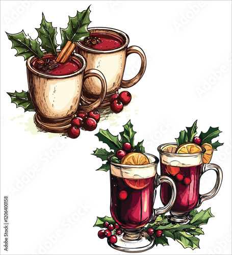 Festive Watercolor Christmas Mulled Red Wine Illustration