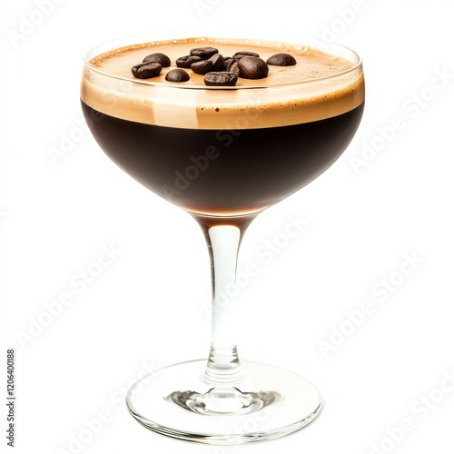 A luxurious espresso martini in a coupe glass, garnished with coffee beans on top, showcasing the dark