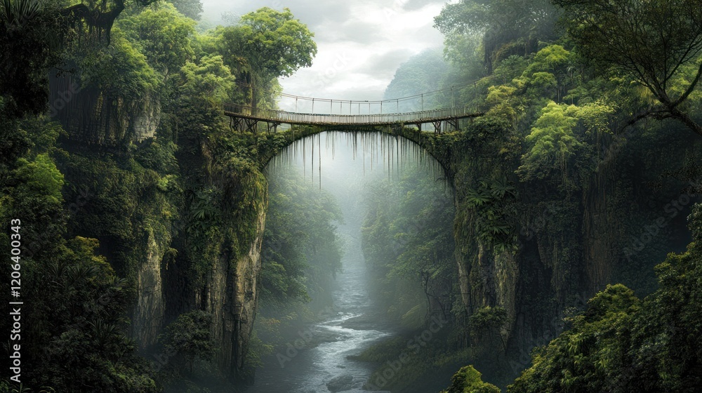 Fototapeta premium Ancient Rope Bridge Spanning Lush Green Jungle Gorge
