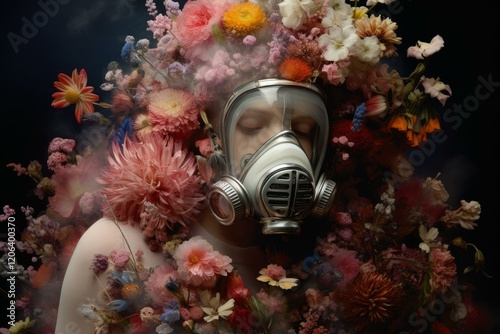 Artistic portrait of a person with closed eyes, wearing gas mask and covered with colorful flowers and smoke on a dark background photo