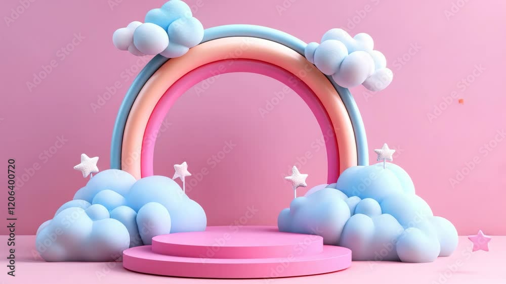 Colorful rainbow arch with clouds and stars in a playful setting for a festive event or photo backdrop