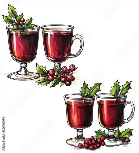 Festive Watercolor Christmas Mulled Red Wine Illustration