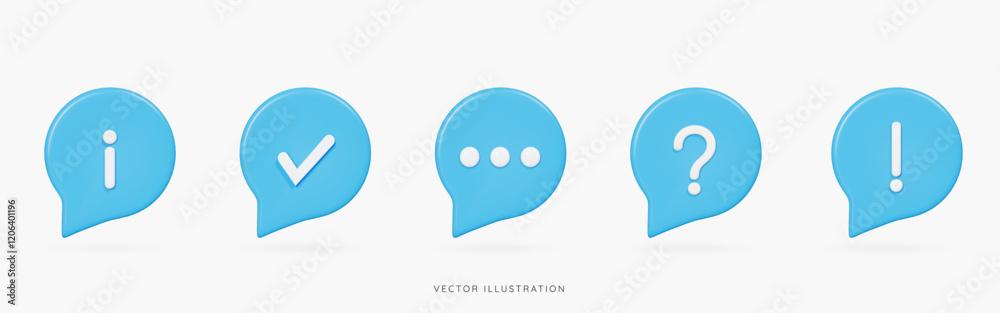 3D Blue speech bubble messages icon set with information, check, question and exclamation marks. FAQ and Help symbol. Social media chat. Cartoon design icons isolated on white. 3D Vector illustration