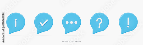 3D Blue speech bubble messages icon set with information, check, question and exclamation marks. FAQ and Help symbol. Social media chat. Cartoon design icons isolated on white. 3D Vector illustration