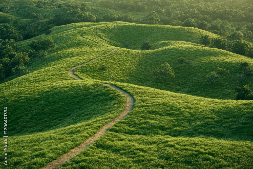 Obraz premium Serene landscape of rolling green hills with a meandering path inviting nature s embrace