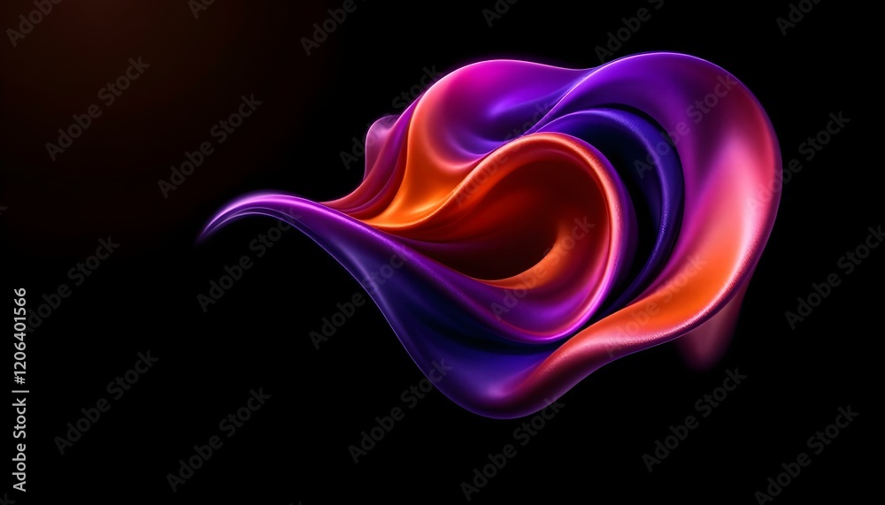 Obraz premium Abstract 3D shape resembling flowing fabric, vibrant purple and orange hues, glossy translucent textures, against a dark black background.”