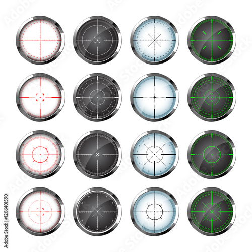 Chrome weapon sights, sniper rifle optical scopes. Hunting gun viewfinder with crosshair. Aim, shooting mark symbol. Military target sign, silhouette. Game interface UI element. Vector illustration