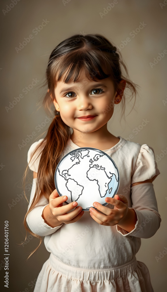 Portrait of the cute little girl holding the drawing earth globe. Child drawng a picture of earth.Earth day, plastic free and zero waste concept, dreamy atmosphere, with white tones Portrait of the cute little girl holding the drawing earth globe. Child drawng a picture of earth.Earth day, plastic free and zero waste concept, dreamy atmosphere, with white tones