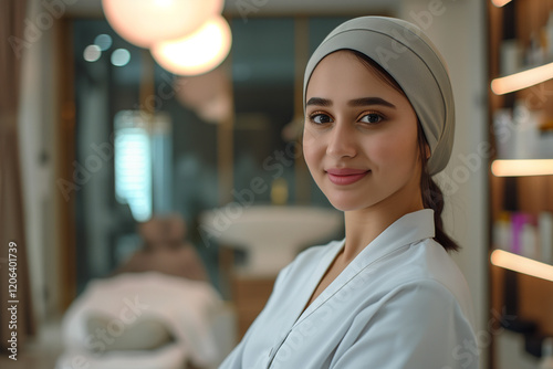 Photographic portrait of a professional beautician from Pakistan, with the beauty center in the background. photo