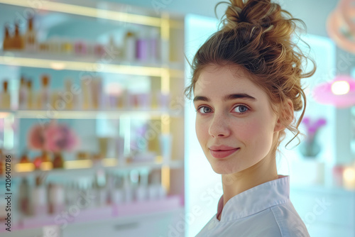 Photographic portrait of a professional beautician from Belgium, with the beauty center in the background. photo