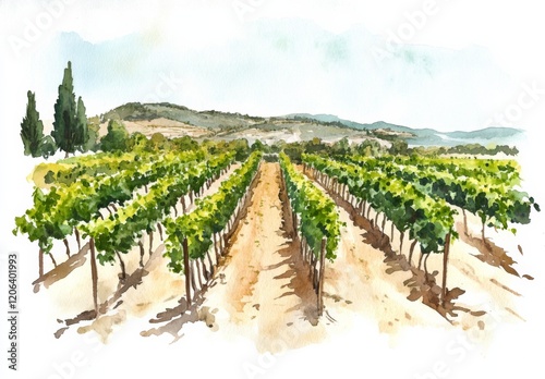 Watercolor Vineyard Sketch Isolated on White Background