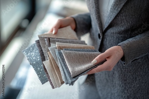 A woman in a gray blazer displays a collection of fabric swatches in various neutral tones.