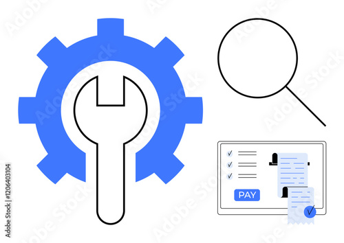 Wrench inside a gear next to a magnifying glass and a digital payment screen with invoices. Ideal for financial technology, online transactions, system optimization, analytics, mobile payments