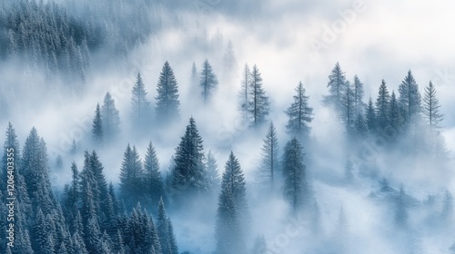As dawn breaks, a magical mist blankets the forest, shrouding the towering trees in mystery and creating a serene, tranquil ambiance

