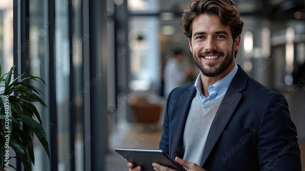 Fototapeta premium Smiling businessman in a modern office hallway holding a tablet, dressed in formal attire, exuding confidence and approachability.