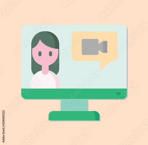 Online customer service illustration featuring a person on a computer screen with a video call icon