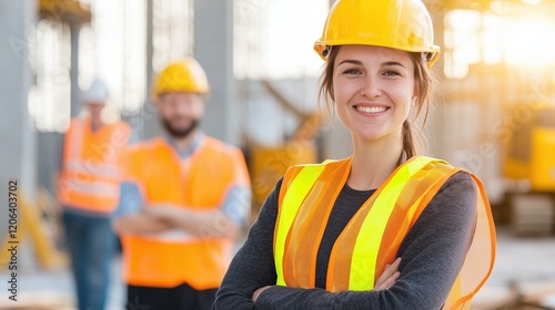 A confident female construction worker wearing a yellow hard hat and reflective vest, smiling with her arms crossed, standing on a construction site. 