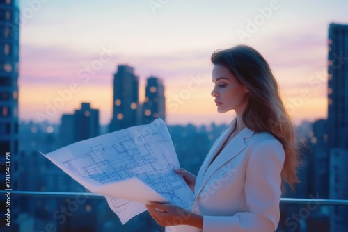 A female architect reviews blueprints at sunset, overlooking a cityscape. photo