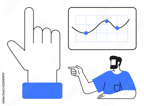 Large hand raised, person pointing at line chart with data points, growth representation. Ideal for business strategy, data analysis, presentations, startups, education, financial forecasting