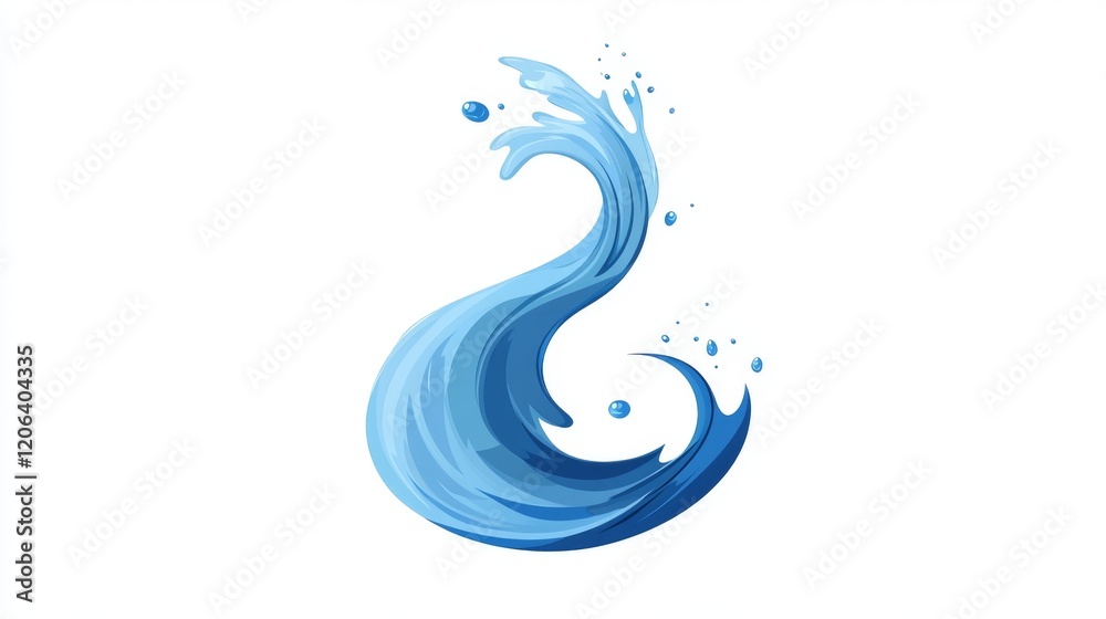 A vertical, curved wave of water splash, elongated and vertical in shape, isolated against a white background. The look is simple and clean, with no drop shadow. The water drops and splashes are in a A vertical, curved wave of water splash, elongated and vertical in shape, isolated against a white background. The look is simple and clean, with no drop shadow. The water drops and splashes are in a