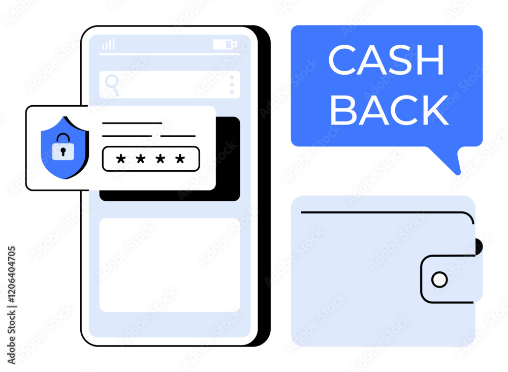 Phone, lock icon, stars, speech bubble with CASH BACK, wallet. Ideal for finance, security, online shopping digital wallets cashback internet safety fintech. Abstract line flat metaphor Phone, lock icon, stars, speech bubble with CASH BACK, wallet. Ideal for finance, security, online shopping digital wallets cashback internet safety fintech. Abstract line flat metaphor