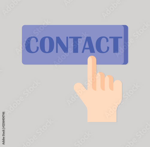 A finger presses a blue rectangular button labeled CONTACT on a gray background