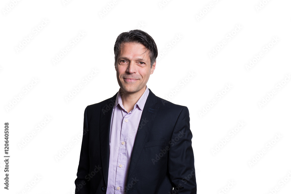 Middle-aged man smiling at the camera, on white background, wearing formal clothes. Middle-aged man smiling at the camera, on white background, wearing formal clothes.