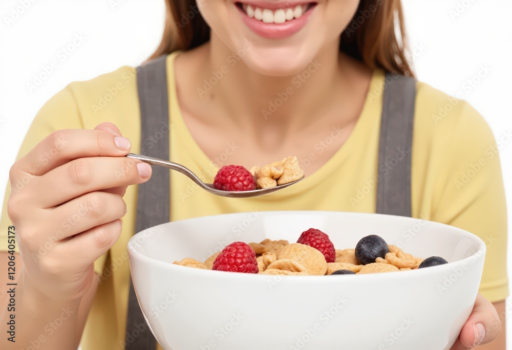 woman eating muesli with berries woman eating muesli with berries