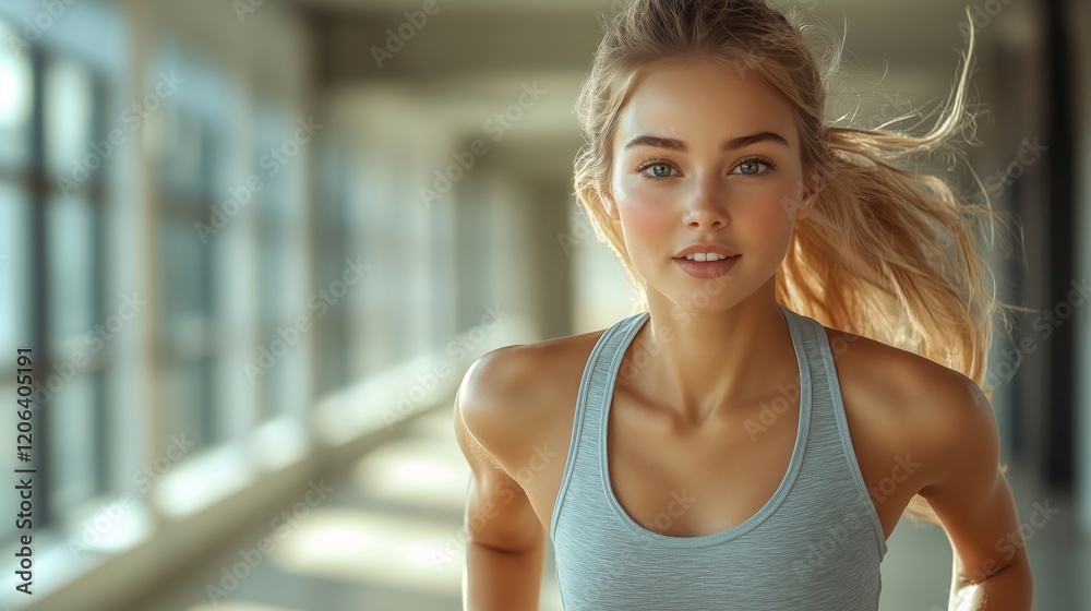 Dynamic Young Woman Running in Indoor Fitness Space Dynamic Young Woman Running in Indoor Fitness Space