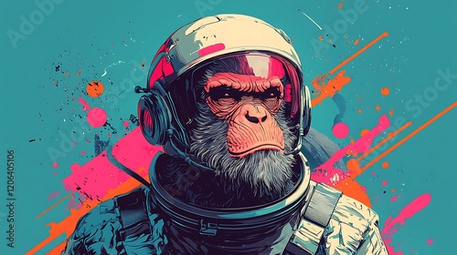 Chimpanzee astronaut portrait, vibrant splash background, space exploration concept, digital art photo