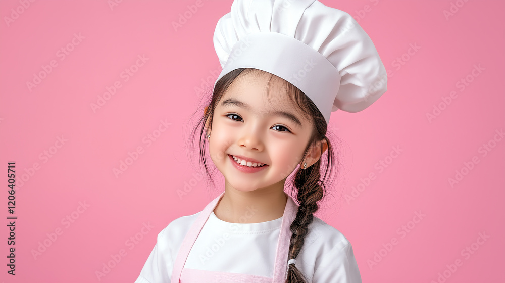 Smiling young girl wearing chef hat and apron against pink background Smiling young girl wearing chef hat and apron against pink background