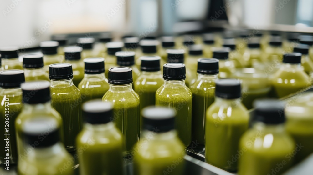 Bottles of green juice neatly arranged on a production line in a modern facility Bottles of green juice neatly arranged on a production line in a modern facility