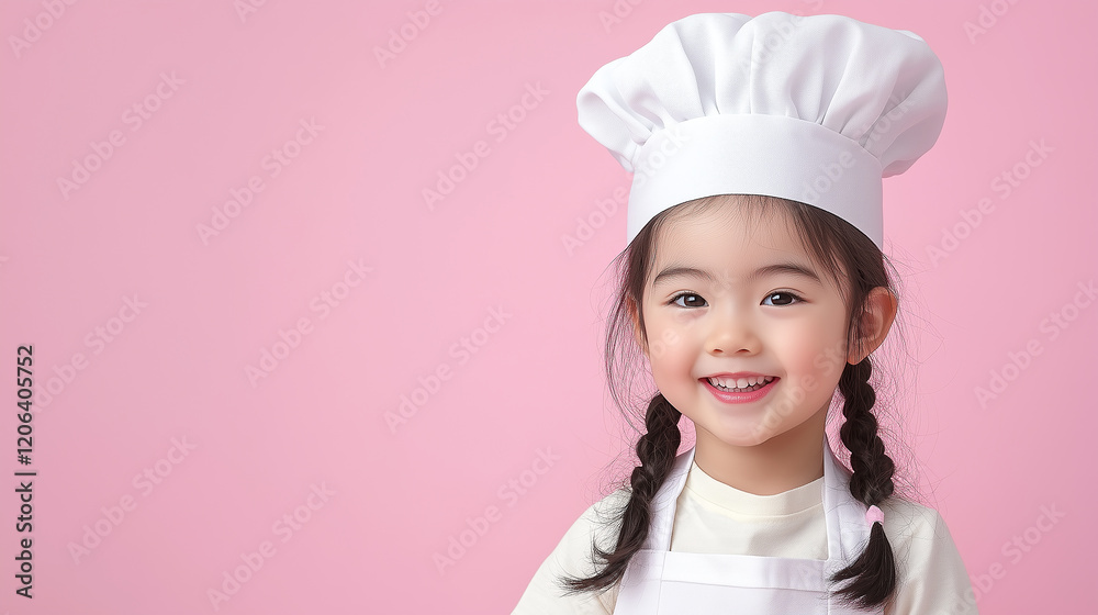 Smiling young girl wearing chef hat and apron against pink background Smiling young girl wearing chef hat and apron against pink background