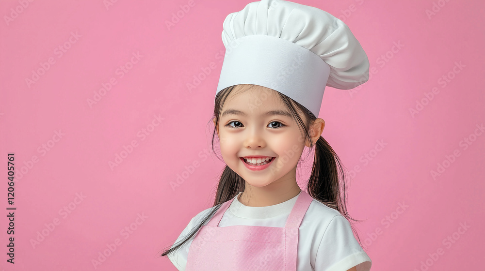 Smiling young girl wearing chef hat and apron against pink background Smiling young girl wearing chef hat and apron against pink background