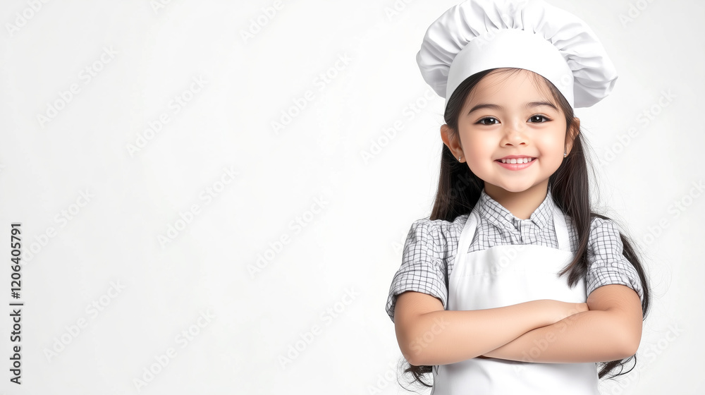 Smiling young girl wearing chef hat and apron against white background Smiling young girl wearing chef hat and apron against white background