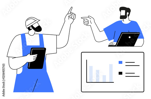 Construction worker with helmet and tablet points upward while office employee on laptop gestures. Data chart with bars and lines. Ideal for teamwork, digital collaboration, project planning