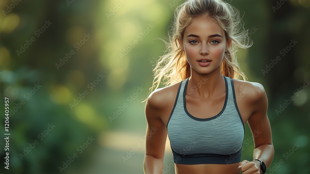 Fototapeta premium Dynamic Scene of a Young Woman Running in Nature's Embrace
