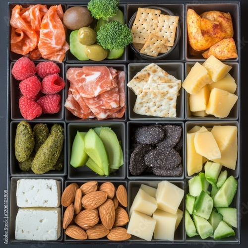 A ketogenic snack box, in a contemporary kitchen, highlighting the ease and nutrition of keto snacks