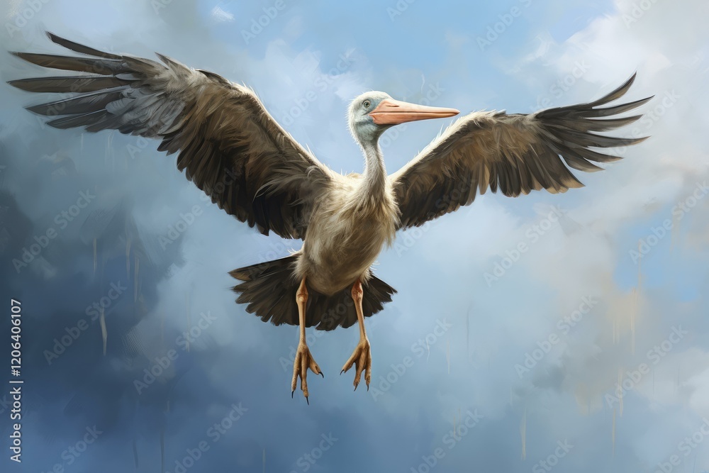 Obraz premium Shoebill gracefully soaring through a rain swept sky, showcasing its impressive wingspan and unique beak