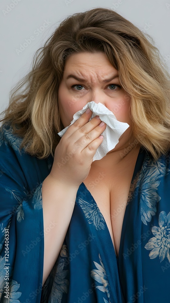 Woman sneezing with a tissue
Woman sneezing with a tissue