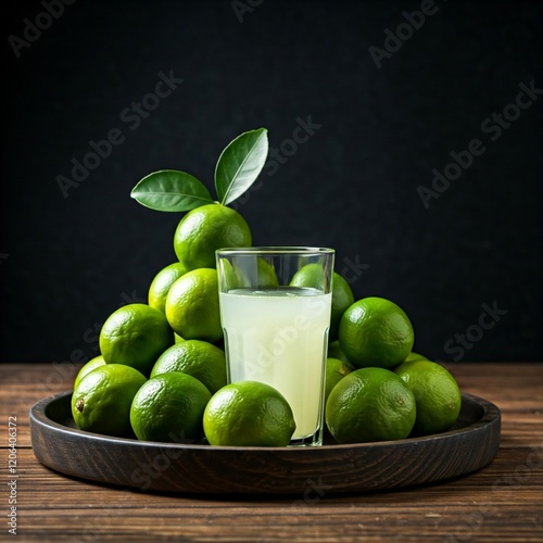 Fresh green lime  juice in a glass is a healthy and natural fruit drink photo