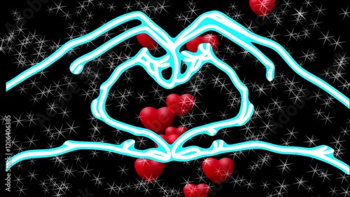 Neon hands forming a heart with stars and glowing hearts