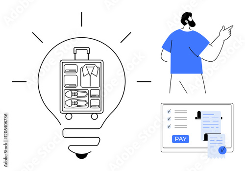 Lightbulb with packed suitcase inside, person gesturing, payment checklist on screen. Ideal for travel, planning, innovative solutions, online booking, organization, vacation preparation abstract