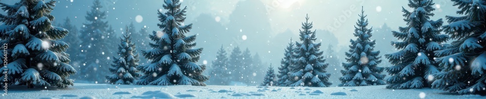 Snowflakes gently falling on a row of evergreen trees, peaceful, serene, snowflakes Snowflakes gently falling on a row of evergreen trees, peaceful, serene, snowflakes